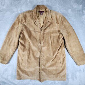 Merona Genuine Suede Leather Coat Large Tan Lined Button Y2k Long Rugged Western